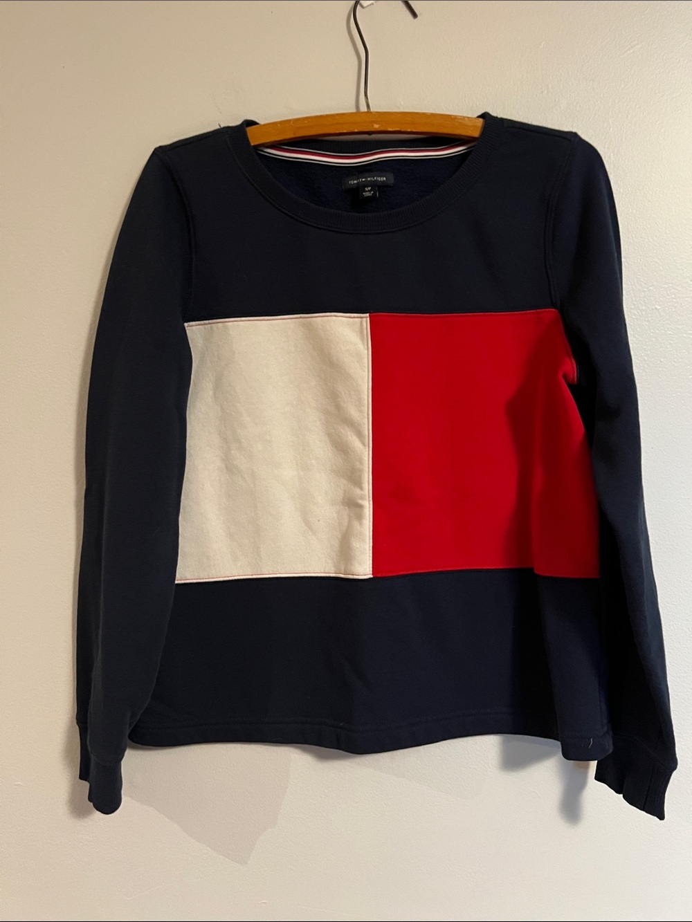Tommy Hilfiger Navy Crewneck Sweatshirt with Red & White Colorblock, Small